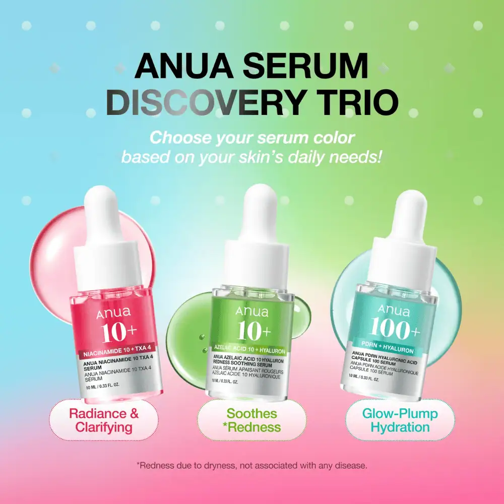 Anua Serum Discovery Trio - Lebanon - Makeup Germany Anua Serum Discovery Trio Anua Serum Discovery Trio Lebanon for sale in Lebanon - discovery set packaging featuring three mini Anua serums in glass dropper bottles