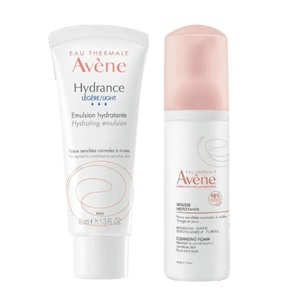 Avène Hydrance Light Hydrating Emulsion 40ml + Cleansing Foam 150ml - Lebanon - Makeup Germany AVENE Hydrance Light Hydrating Emulsion 40ML + AVENE Cleansing Foam 150ML Avene Hydrance Light Emulsion Set Lebanon for sale in Lebanon - 40ml white emulsion tube next to 150ml cleansing foam pump bottle in promotional bundle box