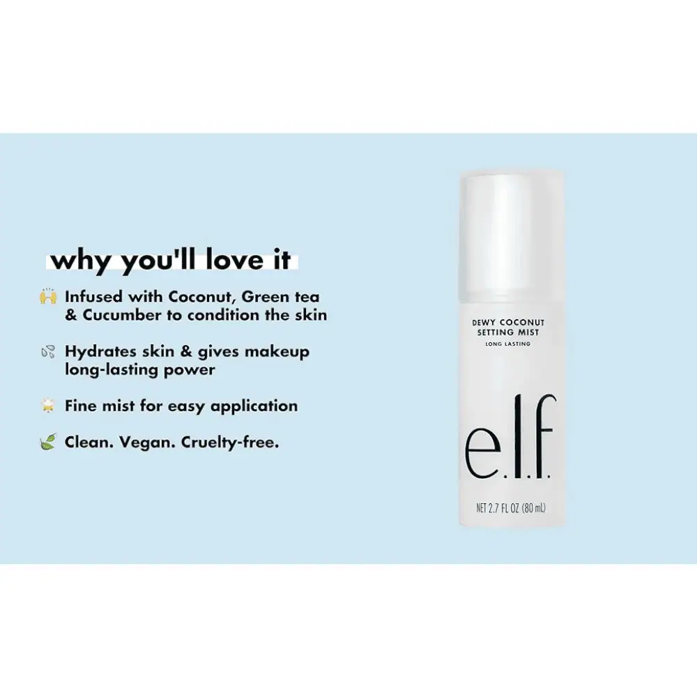 e.l.f Dewy Coconut Setting Mist 80ml - Lebanon - Makeup Germany Elf Dewy Coconut Setting Mist 80ml e.l.f. Dewy Coconut Setting Mist Lebanon for sale in Lebanon - 80ml white setting spray bottle with coconut hydrating facial mist design BILINGUAL