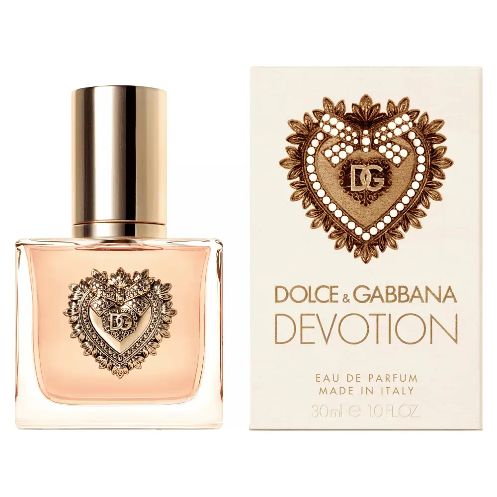 Dolce & Gabbana Devotion Eau de Parfum - Lebanon - Makeup Germany Dolce and Gabbana Devotion Lebanon Eau de Parfum 30ml for sale in Lebanon - amber perfume liquid in glass bottle with gold Sacred Heart emblem