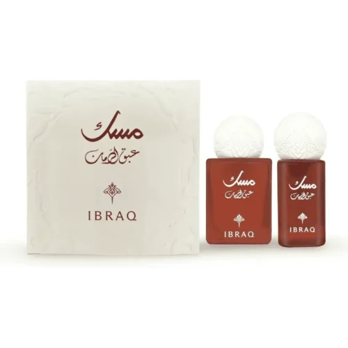 Ibrahim Al Qurashi Pomegranate Musk Lebanon Pomegranate musk oil 6ml for sale in Lebanon - elegant glass oil bottle and miniature spray with rich pink pomegranate details