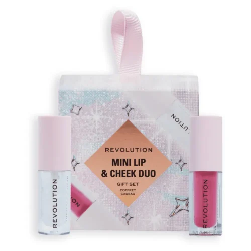 Makeup Revolution Lebanon Mini Cheek and Lip Duo Gift Set for sale in Lebanon - sheer pink lip gloss swatch and dewy peach liquid blush texture