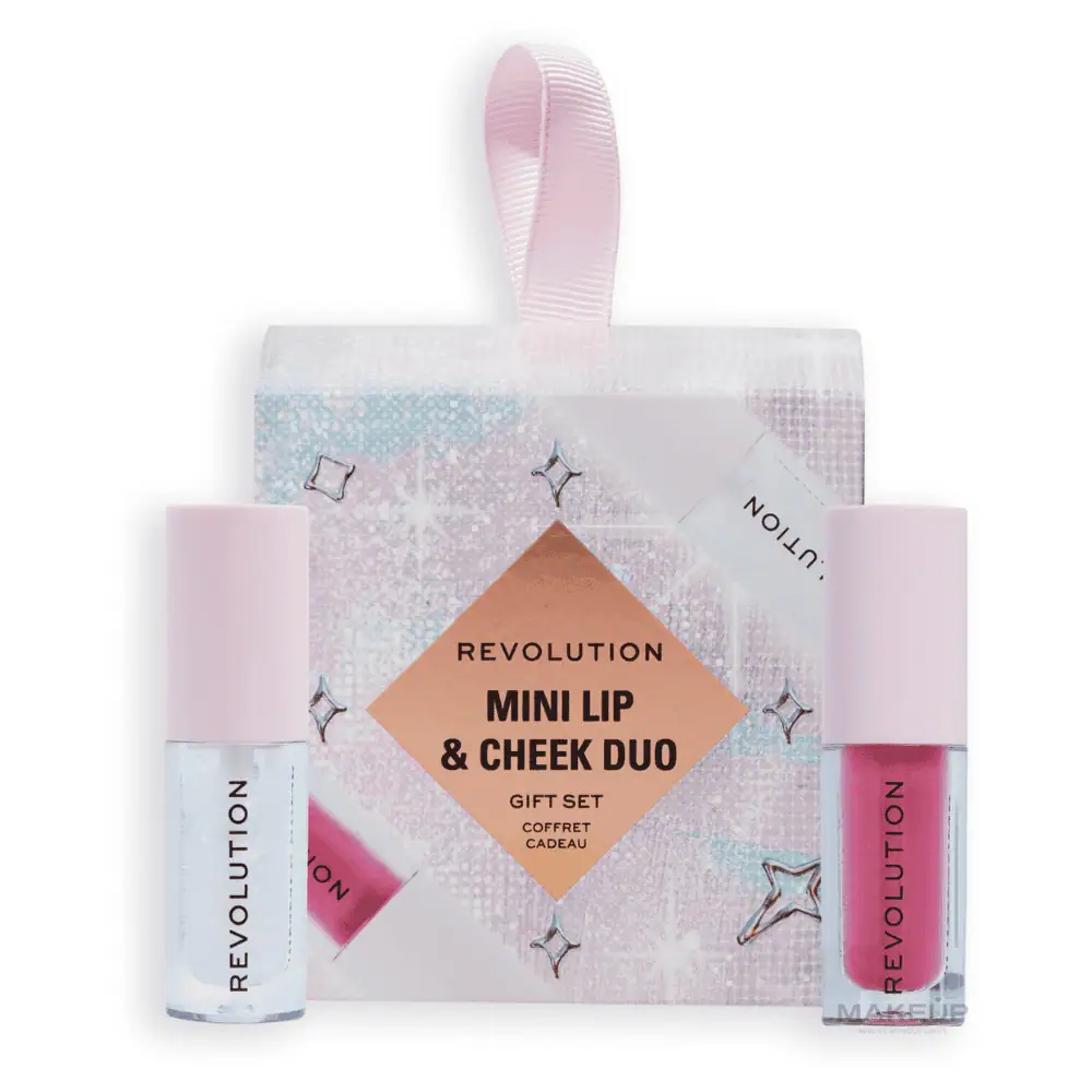 Makeup Revolution Mini Cheek And Lip Duo Gift Set - Lebanon - Makeup Germany Makeup Revolution Lebanon Mini Cheek and Lip Duo Gift Set for sale in Lebanon - sheer pink lip gloss swatch and dewy peach liquid blush texture