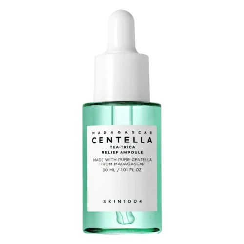 Skin1004 MADAGASCAR CENTELLA TEA-TRICA RELIEF AMPOULE SKIN1004 Tea-Trica Ampoule Lebanon for sale in Lebanon - green dropper bottle with soothing Tea-Trica relief ampoule formula for acne skin