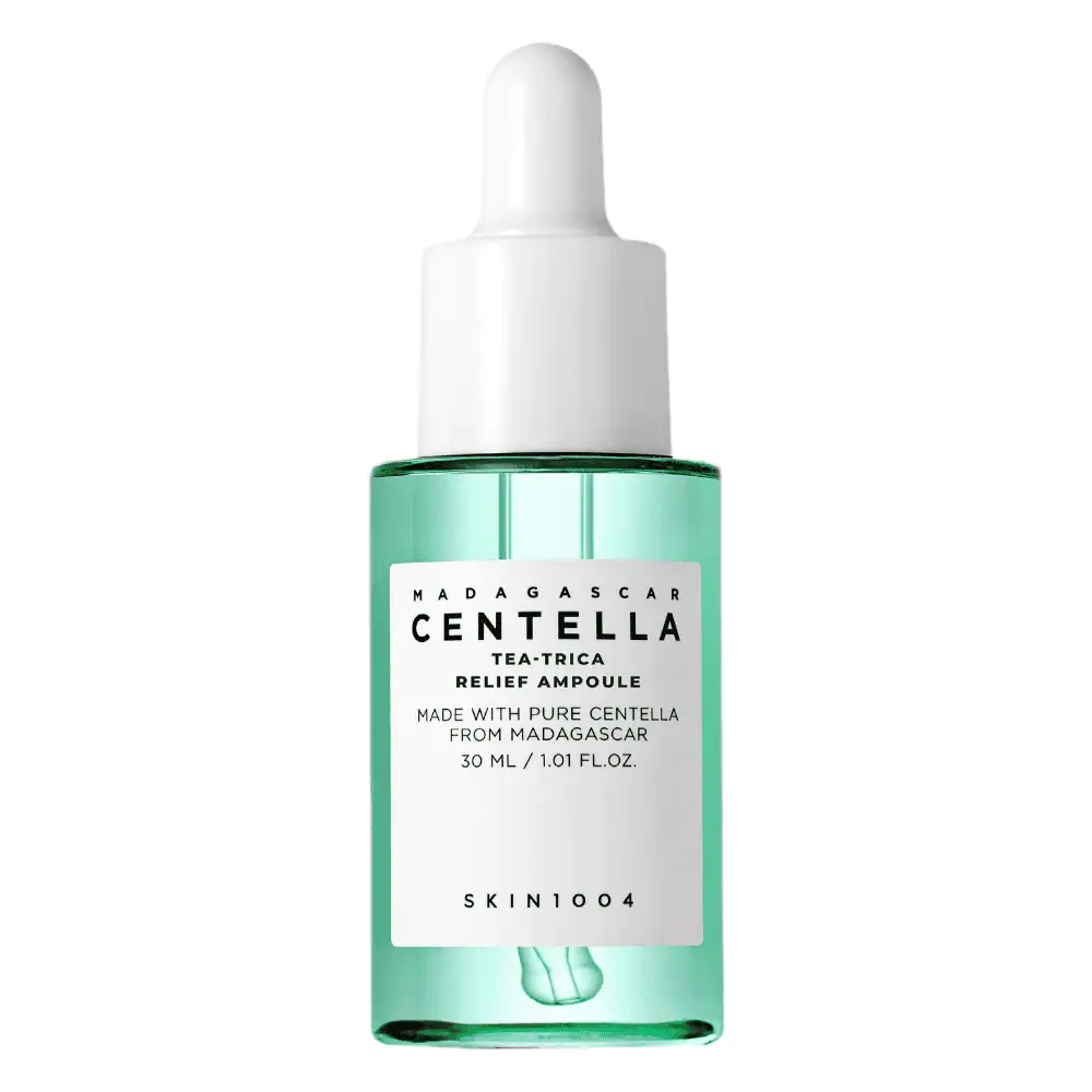 SKIN1004 Madagascar Centella Tea-Trica Relief Ampoule - Lebanon - Makeup Germany Skin1004 MADAGASCAR CENTELLA TEA-TRICA RELIEF AMPOULE SKIN1004 Tea-Trica Ampoule Lebanon for sale in Lebanon - green dropper bottle with soothing Tea-Trica relief ampoule formula for acne skin