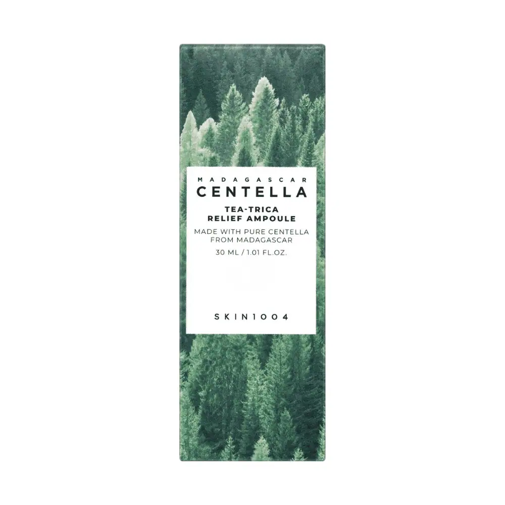 SKIN1004 Madagascar Centella Tea-Trica Relief Ampoule - Lebanon - Makeup Germany Skin1004 MADAGASCAR CENTELLA TEA-TRICA RELIEF AMPOULE SKIN1004 Tea-Trica Ampoule Lebanon for sale in Lebanon - green dropper bottle with soothing Tea-Trica relief ampoule formula for acne skin