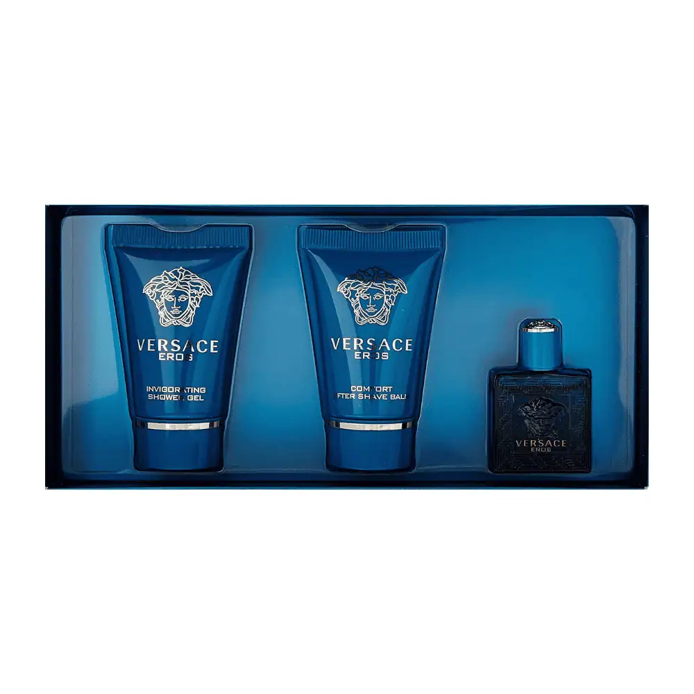 VERSACE EROS 3 Pc Mini Gift Set for Men - Lebanon - Makeup Germany Versace Eros Lebanon 3 Pc Mini Gift Set for Men for sale in Lebanon - turquoise mini EDT bottle, after shave balm tube, and shower gel tube in a blue gift box