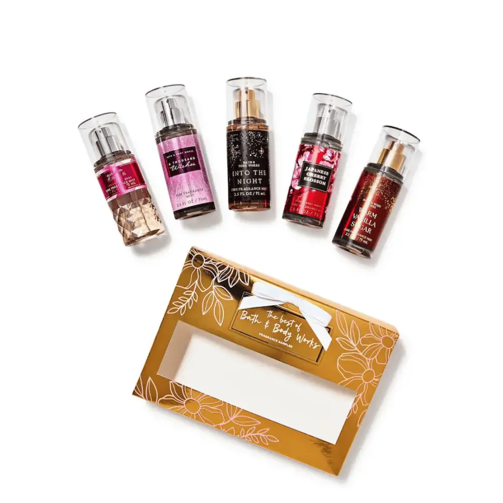 Bath & Body Works 5-Piece Mini Fine Fragrance Mist Gift Set - Lebanon - Makeup Germany Bath & Body Works 5-piece Mini Fine Fragrance Mist Gift Set Bath & Body Works 5 Piece Mini Fine Fragrance Mist Gift Set Lebanon for sale in Lebanon - decorative gift box with handle containing 5 travel size mini fragrance mists including A Thousand Wishes, Japanese Cherry Blossom, Into the Night, Warm Vanilla Sugar, and Gingham Gorgeous