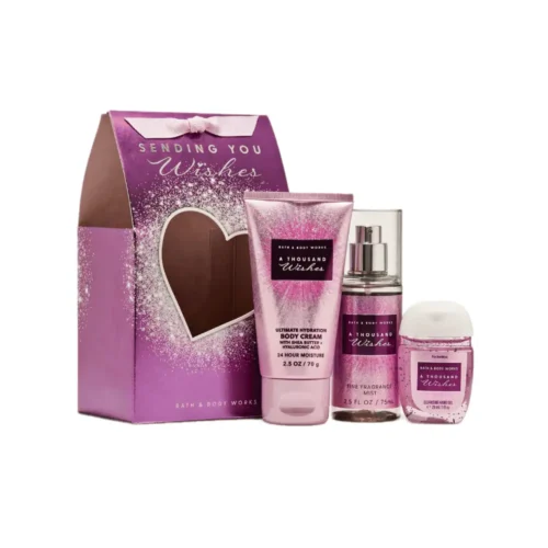 Bath & Body Works A Thousand Wishes Gift Set Bath Body Works A Thousand Wishes Gift Set Lebanon for sale in Lebanon - 3-piece travel fragrance set by Bath and Body Works in a decorative gift box with a bow featuring A Thousand Wishes body cream, fragrance mist, and hand gel