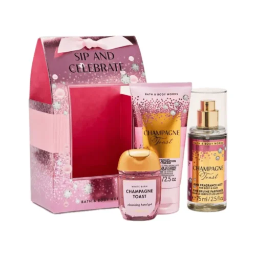 Bath & Body Works Champagne Toast Gift Set Bath Body Works Champagne Toast Gift Set Lebanon for sale in Lebanon - 3-piece travel fragrance set by Bath and Body Works in a decorative gift box with handle and bow featuring Champagne Toast body cream, fragrance mist, and hand gel