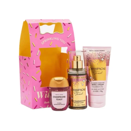 Bath & Body Works Sprinkling You With Love Champagne Toast Mini Gift Set Bath Body Works Champagne Toast Mini Gift Set Lebanon for sale in Lebanon - 3-piece Bath and Body Works Champagne Toast mini gift set featuring travel fragrance mist, hand cream, and PocketBac sanitizer in a gift bag