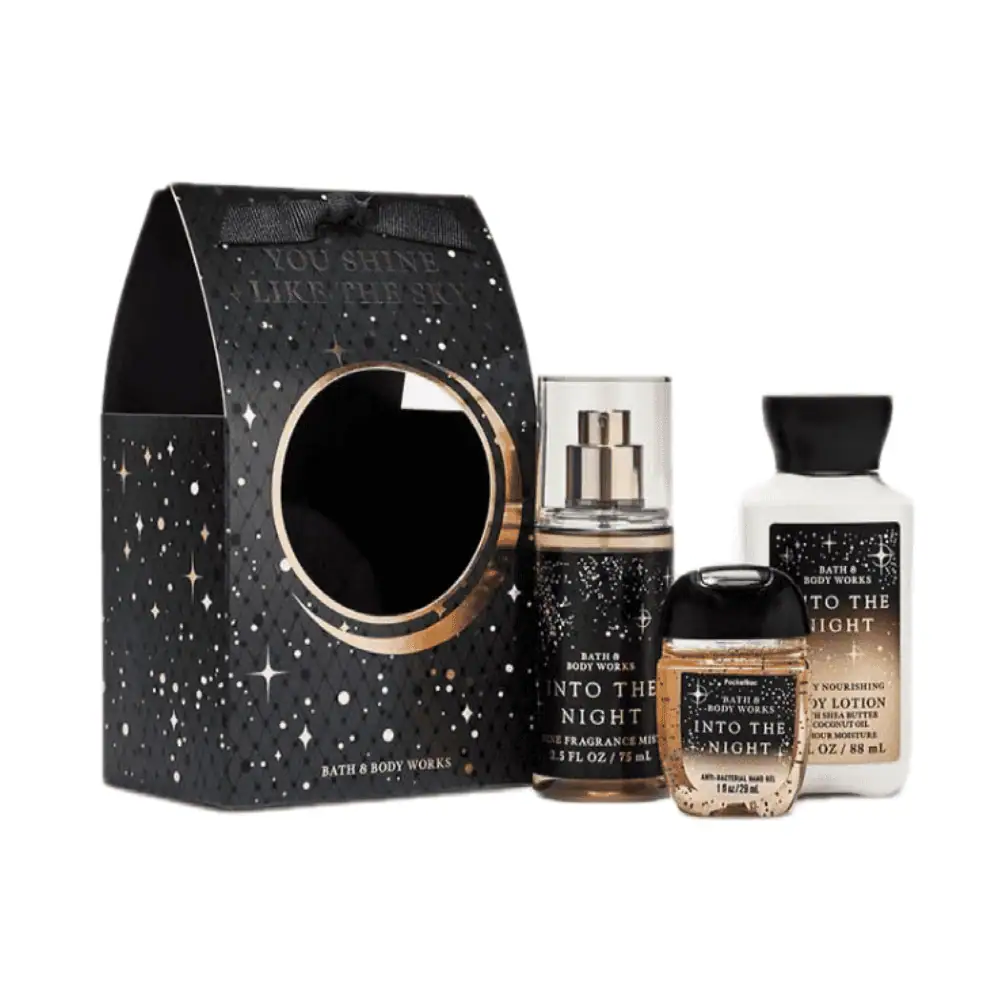 Bath & Body Works Into The Night Gift Set - Lebanon - Makeup Germany Bath & Body Works Into The Night Gift Set Bath Body Works Into The Night Gift Set Lebanon for sale in Lebanon - 3-piece travel fragrance set by Bath and Body Works in a decorative gift box featuring Into The Night body cream, fragrance mist, and hand gel