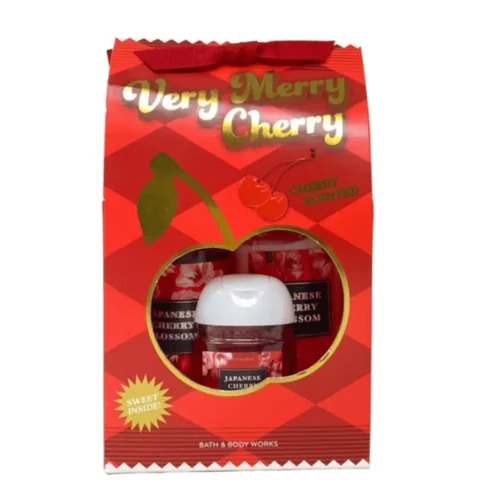 Bath & Body Works Japanese Cherry Blossom Very Merry Cherry Mini Gift Set Bath Body Works Japanese Cherry Blossom Very Merry Cherry Gift Set Lebanon for sale in Lebanon - 4-piece set featuring Bath and Body Works Japanese Cherry Blossom mini fragrance mist, body lotion, hand gel, and a Marbela Peach Gardenia sample soap in a gift box with a bow