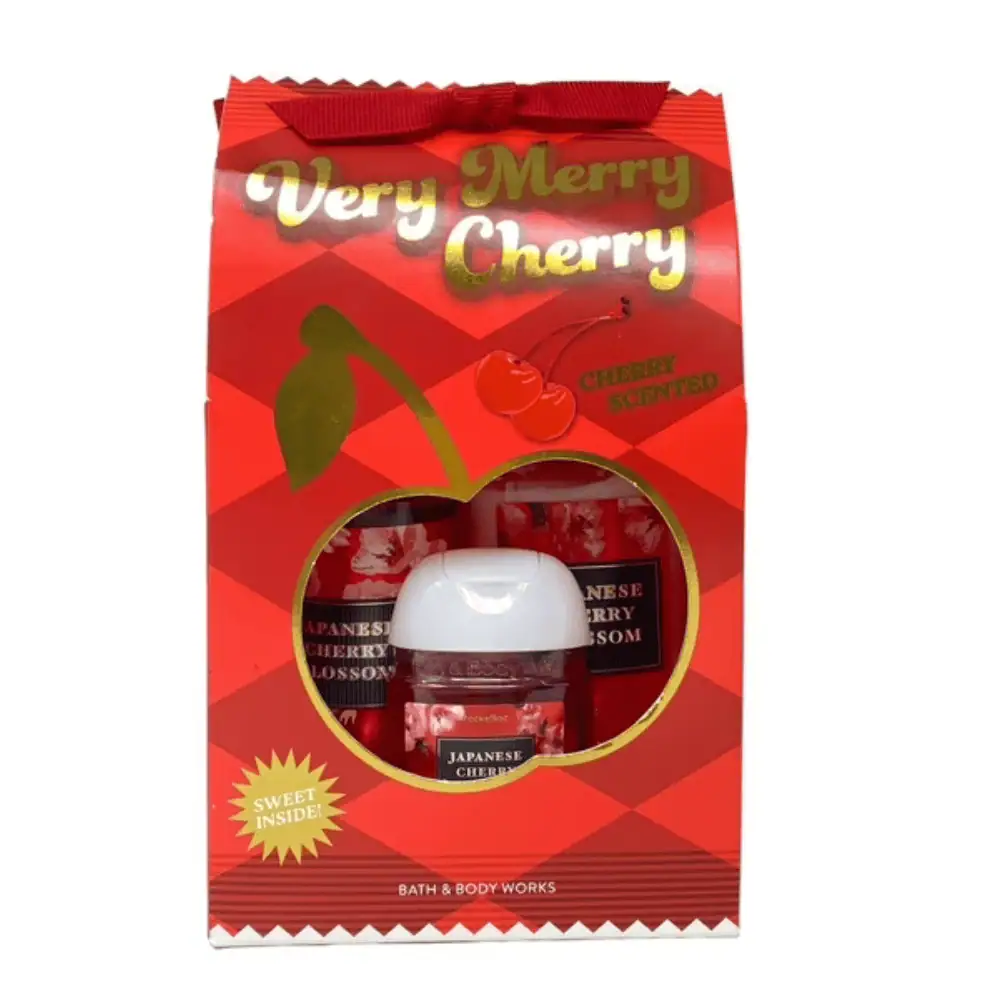 Bath & Body Works Japanese Cherry Blossom Mini Gift Set - Lebanon - Makeup Germany Bath & Body Works Japanese Cherry Blossom Very Merry Cherry Mini Gift Set Bath Body Works Japanese Cherry Blossom Very Merry Cherry Gift Set Lebanon for sale in Lebanon - 4-piece set featuring Bath and Body Works Japanese Cherry Blossom mini fragrance mist, body lotion, hand gel, and a Marbela Peach Gardenia sample soap in a gift box with a bow