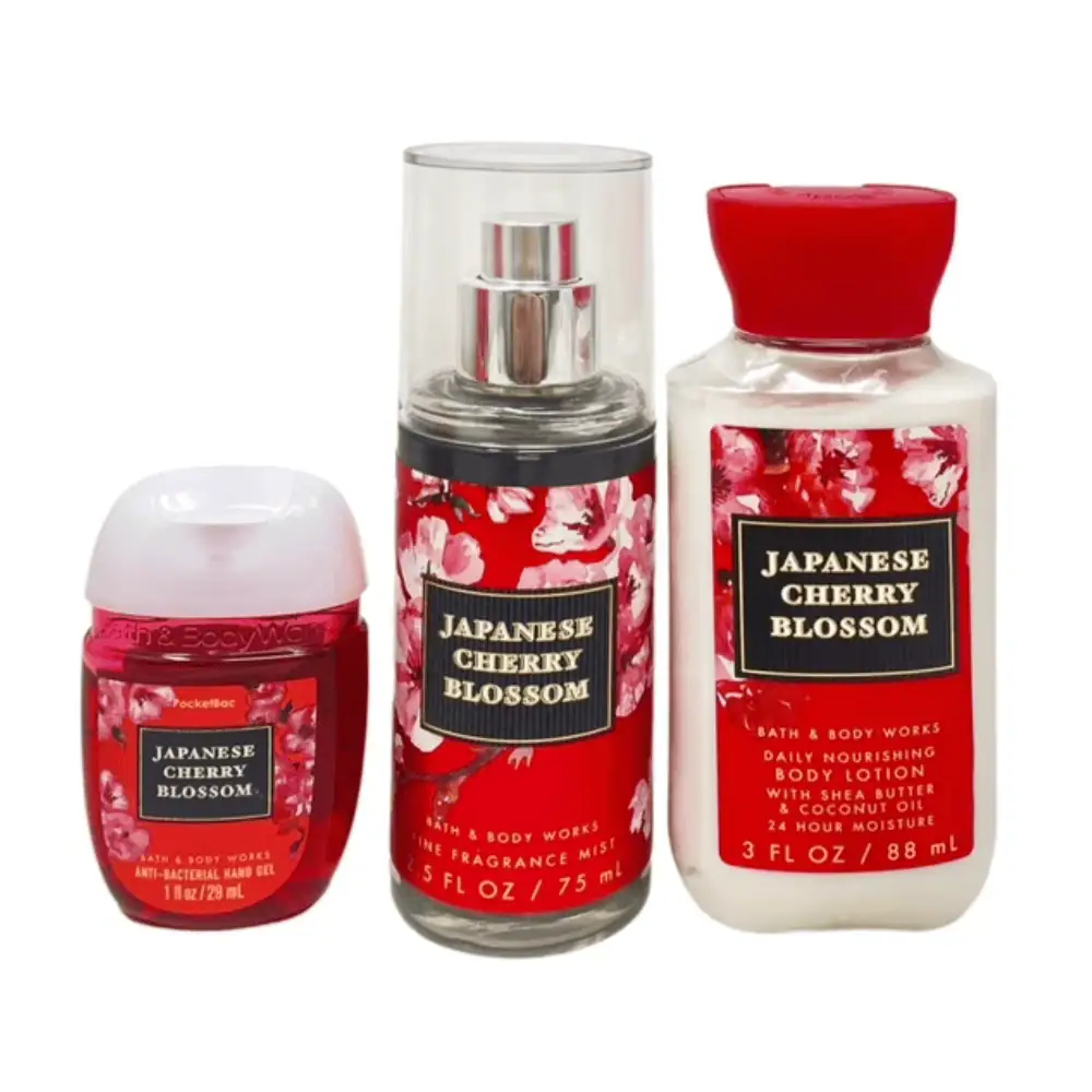 Bath & Body Works Japanese Cherry Blossom Mini Gift Set - Lebanon - Makeup Germany Bath & Body Works Japanese Cherry Blossom Very Merry Cherry Mini Gift Set Bath Body Works Japanese Cherry Blossom Very Merry Cherry Gift Set Lebanon for sale in Lebanon - 4-piece set featuring Bath and Body Works Japanese Cherry Blossom mini fragrance mist, body lotion, hand gel, and a Marbela Peach Gardenia sample soap in a gift box with a bow