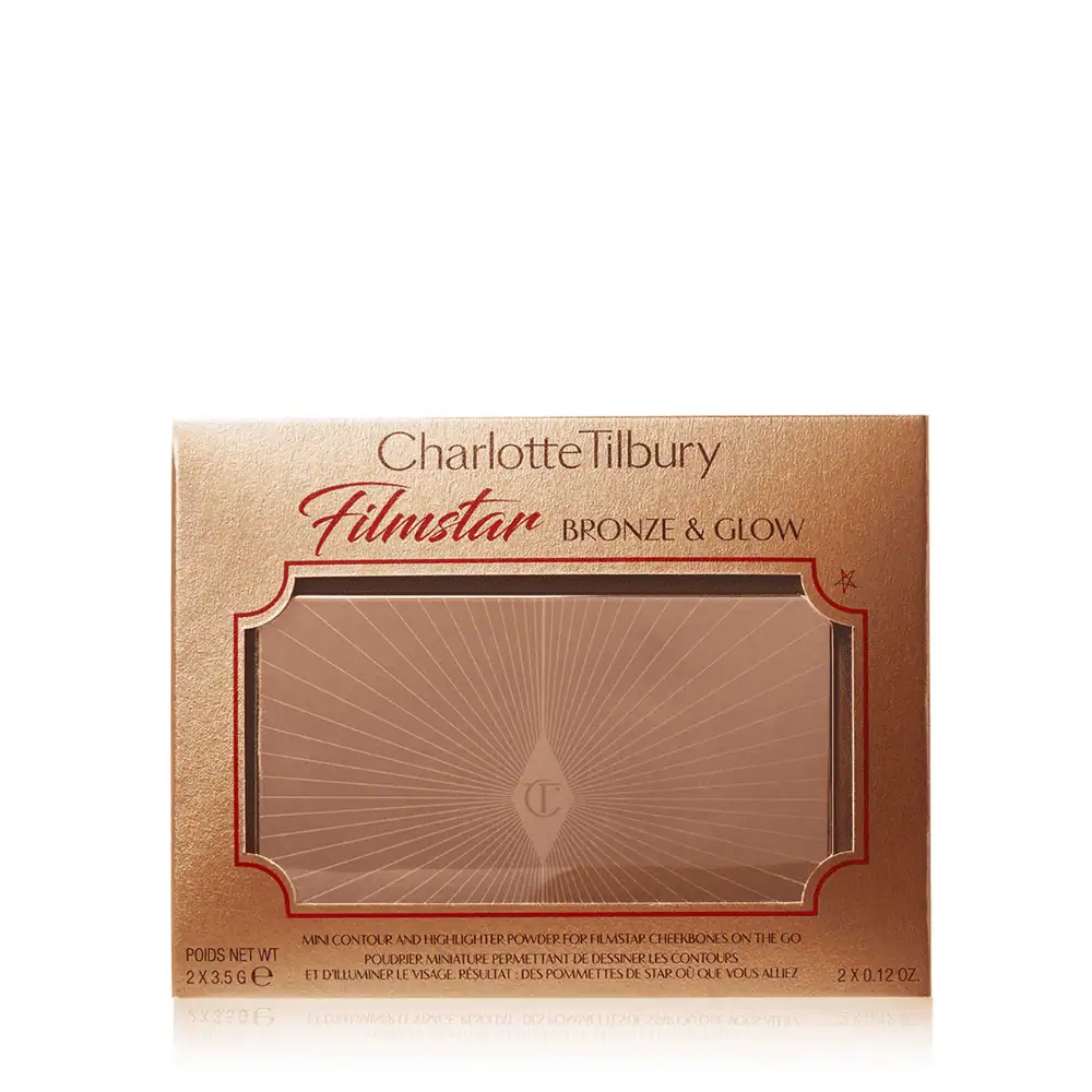 Charlotte Tilbury Mini Filmstar Bronze & Glow - Lebanon - Makeup Germany Charlotte Tilbury Mini Filmstar Bronze & Glow Charlotte Tilbury Mini Filmstar Bronze Glow Lebanon for sale in Lebanon - compact travel-size duo palette of Charlotte Tilbury Mini Filmstar Bronze and Glow featuring bronzer and highlighter