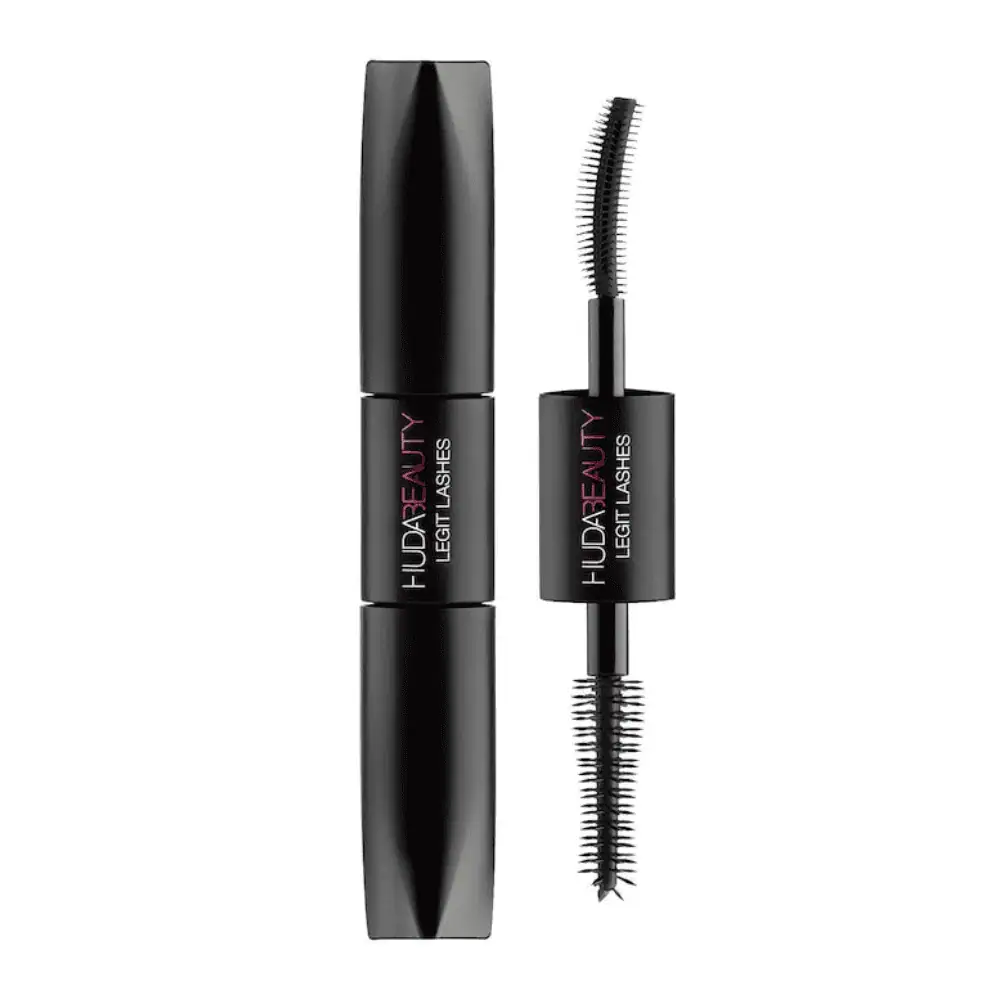 Huda Beauty LEGIT LASHES Double Ended Mascara - Lebanon - Makeup Germany Huda Beauty LEGIT LASHES Double Ended Mascara Huda Beauty Legit Lashes Double Ended Mascara Lebanon for sale in Lebanon - dual-ended black tube of Huda Beauty Legit Lashes Double Ended Mascara showing both Volume and Curl & Length brush ends