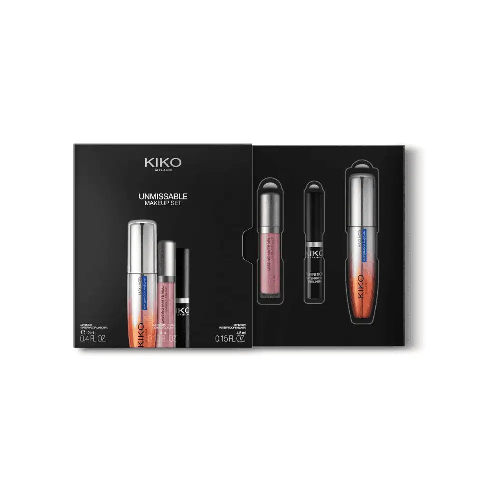 Kiko Milano Unmissable Makeup Set - Lebanon - Makeup Germany Kiko Milano unmissable makeup set Kiko Milano Unmissable Makeup Set Lebanon for sale in Lebanon - 3-piece makeup gift set containing waterproof mascara, liquid eyeliner, and matte liquid lipstick BILINGUAL