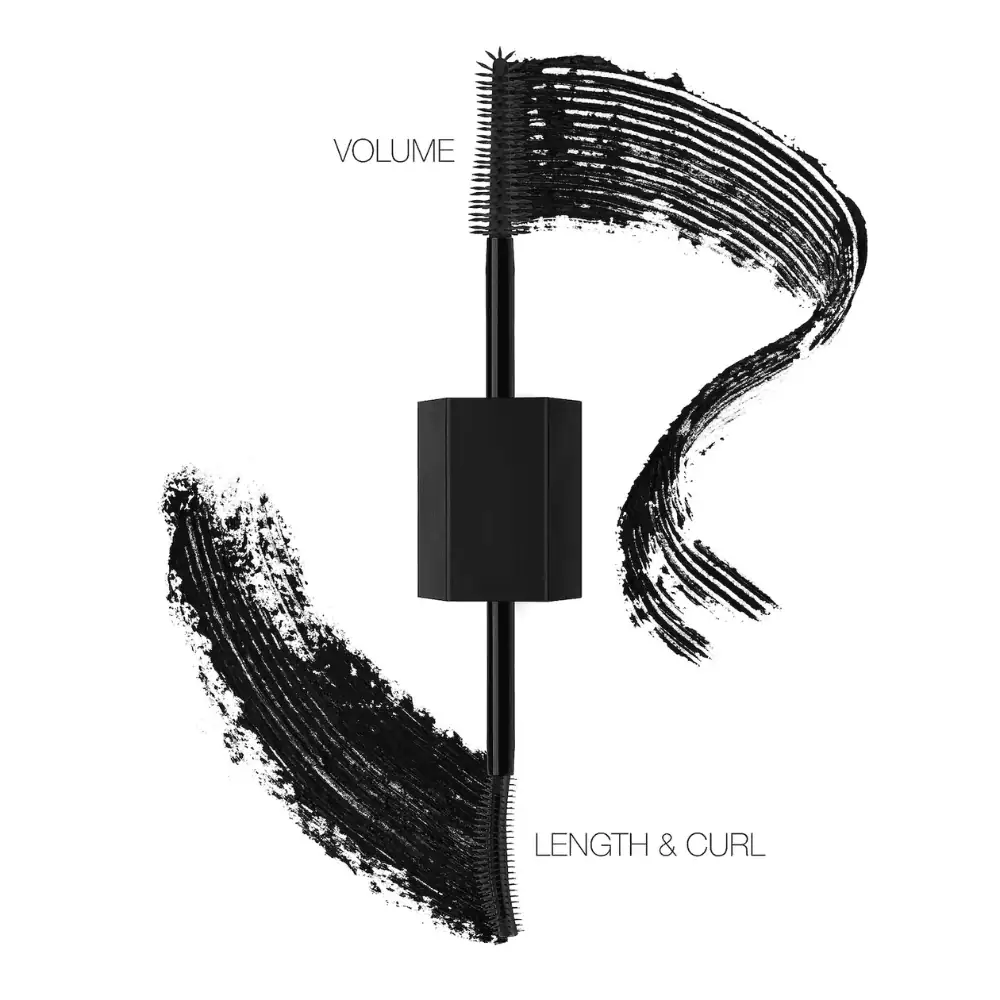 Huda Beauty LEGIT LASHES Double Ended Mascara - Lebanon - Makeup Germany Huda Beauty LEGIT LASHES Double Ended Mascara Huda Beauty Legit Lashes Double Ended Mascara Lebanon for sale in Lebanon - dual-ended black tube of Huda Beauty Legit Lashes Double Ended Mascara showing both Volume and Curl & Length brush ends