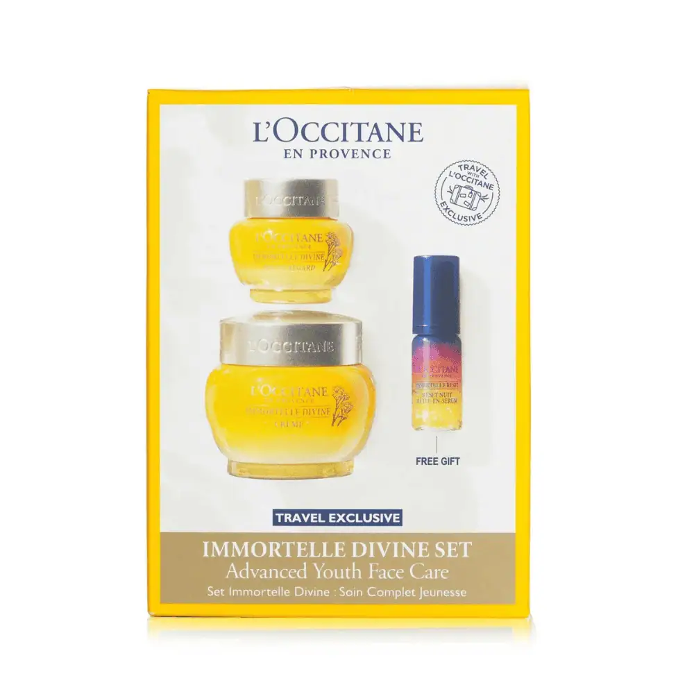 L'Occitane Immortelle Divine Set - Lebanon - Makeup Germany L'Occitane Immortelle Divine Set L'Occitane Immortelle Divine Set Lebanon for sale in Lebanon - 3-piece anti-aging luxury skincare set by L'Occitane featuring Immortelle Divine Cream 50ml, Eye Balm 15ml, and Overnight Reset Serum 5ml