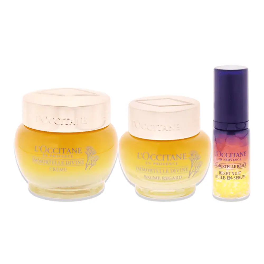 L'Occitane Immortelle Divine Set - Lebanon - Makeup Germany L'Occitane Immortelle Divine Set L'Occitane Immortelle Divine Set Lebanon for sale in Lebanon - 3-piece anti-aging luxury skincare set by L'Occitane featuring Immortelle Divine Cream 50ml, Eye Balm 15ml, and Overnight Reset Serum 5ml