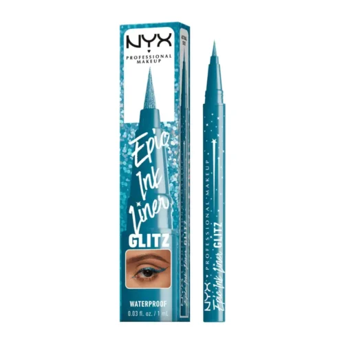 nyxEpic Ink Glitz Waterproof Liquid Eyeliner 01 Tapered Twinkle NYX Epic Ink Glitz Eyeliner 01 Tapered Twinkle Lebanon for sale in Lebanon - NYX Epic Ink Glitz Waterproof Liquid Eyeliner pen in shade 01 Tapered Twinkle showing brush tip and shimmer teal blue swatch