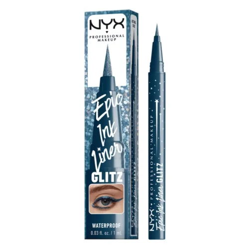 NYX Epic Ink Glitz Waterproof Liquid Eyeliner 05 Denim Dazzle NYX Epic Ink Glitz Eyeliner 05 Denim Dazzle Lebanon for sale in Lebanon - NYX Epic Ink Glitz Waterproof Liquid Eyeliner pen in shade 05 Denim Dazzle showing brush tip and shimmer deep navy blue swatch