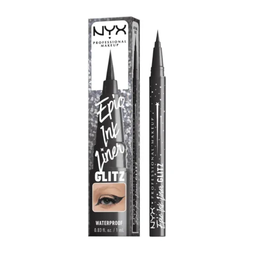 NYX Professional Makeup Epic Ink Glitz Waterproof Liquid Eyeliner 06 Graphite Glitz NYX Epic Ink Glitz Eyeliner 06 Graphite Glitz Lebanon for sale in Lebanon - NYX Epic Ink Glitz Waterproof Liquid Eyeliner pen in shade 06 Graphite Glitz showing brush tip and shimmer graphite black swatch