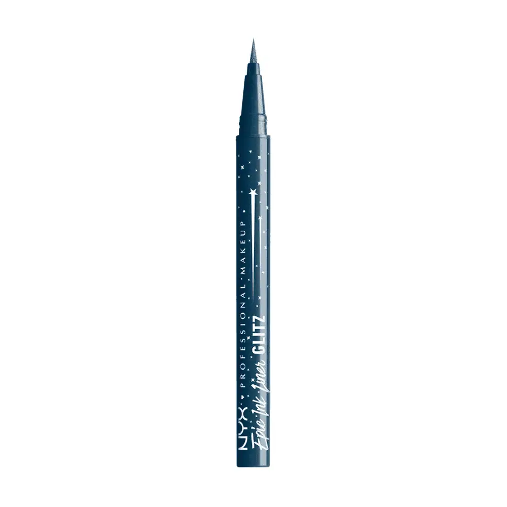 NYX Professional Makeup Epic Ink Glitz Eyeliner 05 Denim Dazzle - Lebanon - Makeup Germany NYX Epic Ink Glitz Waterproof Liquid Eyeliner 05 Denim Dazzle NYX Epic Ink Glitz Eyeliner 05 Denim Dazzle Lebanon for sale in Lebanon - NYX Epic Ink Glitz Waterproof Liquid Eyeliner pen in shade 05 Denim Dazzle showing brush tip and shimmer deep navy blue swatch