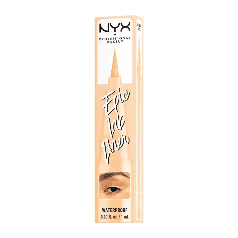 NYX Professional Makeup Epic Ink Glitz Eyeliner 07 Marshmallow - Lebanon - Makeup Germany Epic Ink Glitz Waterproof Liquid Eyeliner 07 marshmallow NYX Epic Ink Glitz Eyeliner 07 Marshmallow Lebanon for sale in Lebanon - NYX Epic Ink Glitz Waterproof Liquid Eyeliner pen in shade 07 Marshmallow showing brush tip and shimmer white swatch