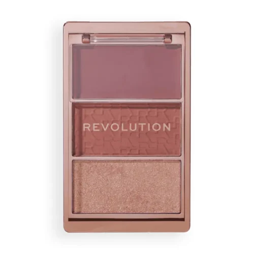 Revolution Blush Icon Palette Aura Points Rose Revolution Blush Icon Palette Aura Points Rose Lebanon for sale in Lebanon - Revolution Blush Icon Palette in shade Aura Points Rose showing cream blush, matte powder blush, and shimmer highlighter pan trio