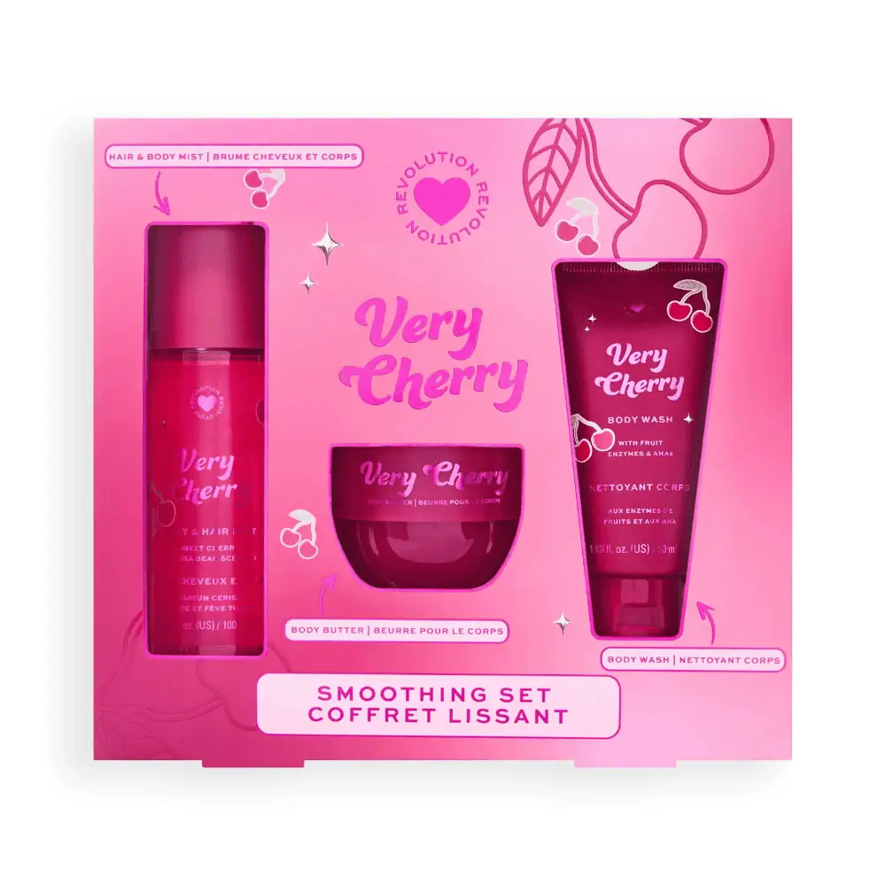 Revolution I Heart Revolution Very Cherry Bath & Body Gift Set - Lebanon - Makeup Germany Revolution I Heart Revolution Very Cherry Bath & Body Gift Set Revolution I Heart Very Cherry Bath Body Gift Set Lebanon for sale in Lebanon - 3-piece mini body care set featuring I Heart Revolution Midnight Cherry body wash, smoothing body cream, and hair and body mist