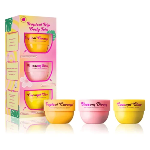 Revolution I Heart Tropical Trip Gift Set Revolution I Heart Tropical Trip Gift Set Lebanon for sale in Lebanon - 3-piece body butter gift set by I Heart Revolution featuring Tropical Caramel, Blossom Bloom, and illuminating Coconut Glow 68g tubs