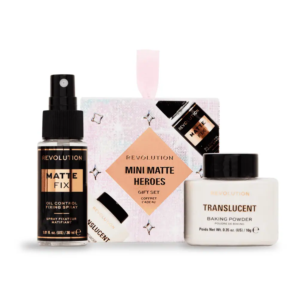 Revolution Mini Matte Heroes Gift Set - Lebanon - Makeup Germany Revolution Mini Matte Heroes Gift Set Revolution Mini Matte Heroes Set Lebanon for sale in Lebanon - 2-piece matte makeup set including Fix Oil Control Setting Spray 30ml and Loose Baking Powder 10g