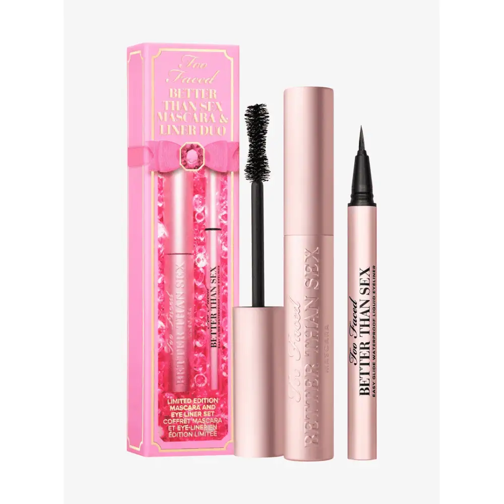 Too Faced Better Than Sex & Liner Duo - Lebanon - Makeup Germany Too Faced BETTER THAN SEX & LINER DUO Too Faced Better Than Sex & Liner Duo Lebanon for sale in Lebanon - Too Faced Better Than Sex Mascara tube with hourglass wand alongside Better Than Sex Liquid Eyeliner pen in deep black