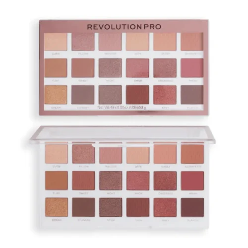 Alt Text: Revolution Pro Iconic Stripped Regeneration Palette Revolution Pro Eyeshadow Palette for sale in Lebanon - 18 nude pink matte and creamy shimmer shades