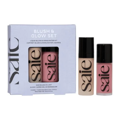 Saie Blush & Glow Gift Set for sale in Lebanon - limited-edition makeup duo with Dew Blush Lady nude mauve 12ml and Glowy Super Gel Warmglow soft warm gold 15ml