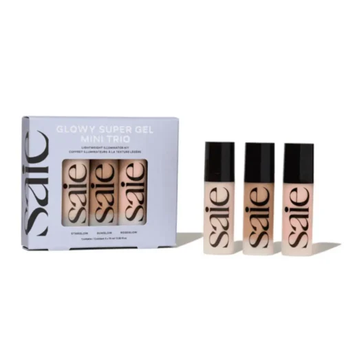 Saie Glowy Super Gel Mini Trio Gift Set for sale in Lebanon - three 15ml liquid illuminators in Starglow champagne, Roseglow rose gold and Sunglow golden bronze shades