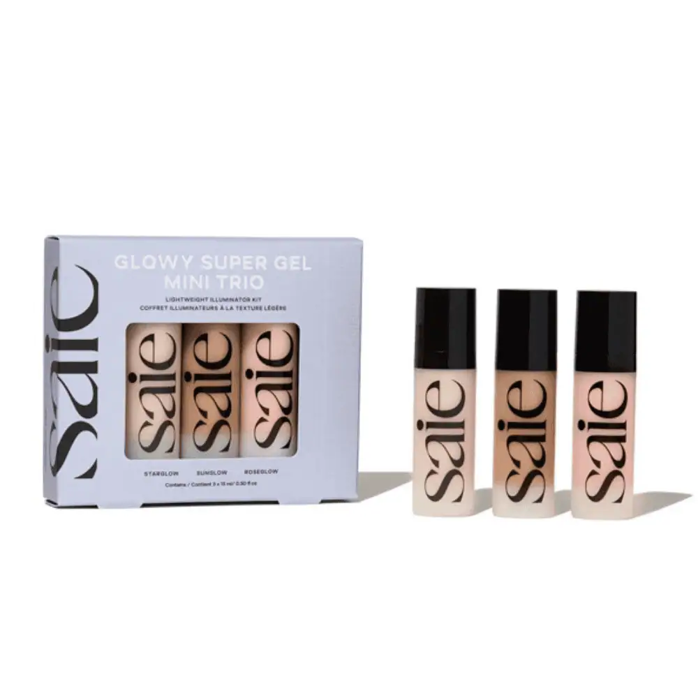 Saie Glowy Super Gel Mini Trio Gift Set - Lebanon - Makeup Germany Saie Glowy Super Gel Mini Trio Gift Set for sale in Lebanon - three 15ml liquid illuminators in Starglow champagne, Roseglow rose gold and Sunglow golden bronze shades