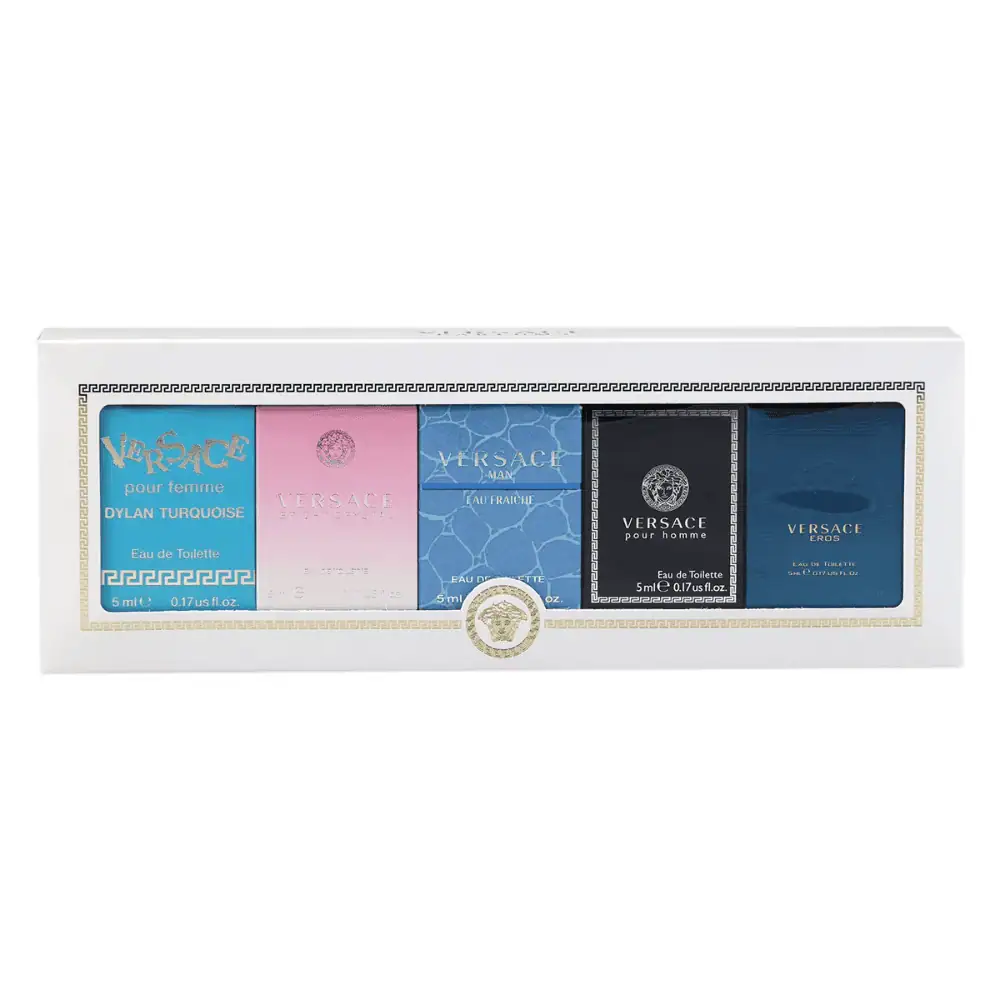 Versace 5 Piece Miniatures Collection - Lebanon - Makeup Germany Versace 5 Piece Miniatures Collection Versace Mini Perfume Set for sale in Lebanon - five 5ml fragrances for men and women in miniature bottles
